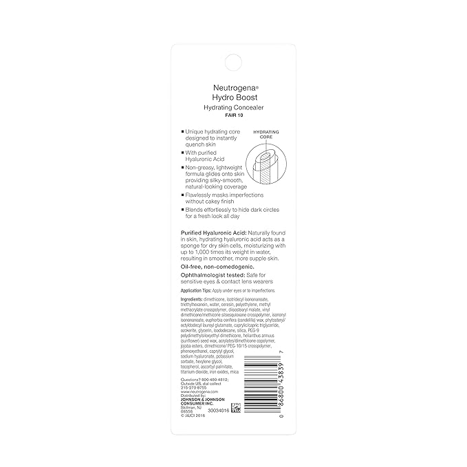Neutrogena Hydro Boost Hydrating Concealer Stick for Dry Skin, Oil-Free, Lightweight, Non-Greasy and Non-Comedogenic Cover-Up Makeup with Hyaluronic Acid, 10/Fair, 0.12 Oz-Velvo Beauty