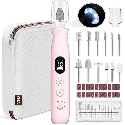 Electric Nail Drill, Cordless 2000 mAh Rechargeable Portable Nail File 12 in 1 Kit for Thick Toenails, 10 Speeds Nail Dril Machine Professional Manicure Pedicure for Hand Natural Nails Care (Pink)-Velvo Beauty
