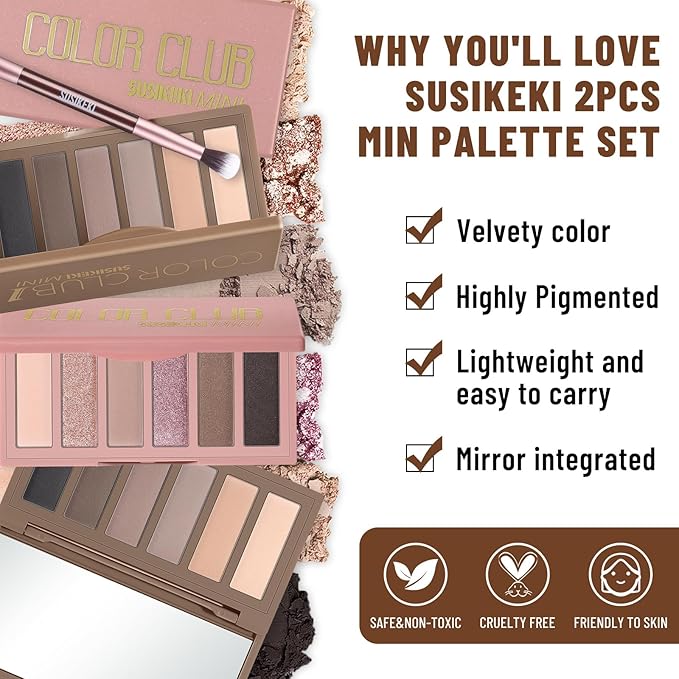 2PCS 6 Colors Mini Naked Eyeshadow Palette Makeup with Brush Set Neutral Nude Eye Shadow Pink & Brown Matte Shimmer Make Up Pallet with Mirror Highly Pigmented Travel Size Gift Kit-Velvo Beauty