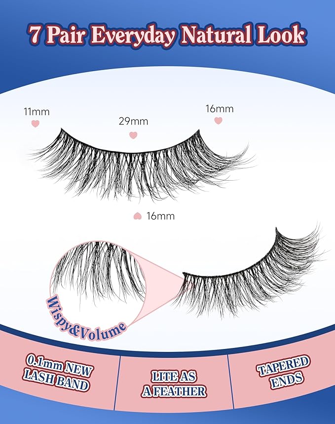 Natural Lashes Wispy False Eyelashes Strip Flared Natural Look Eyelash CatEye Lash Soft Lashes Fluffy Mink Eyelash Pack 7 Pairs 16MM D76-Velvo Beauty
