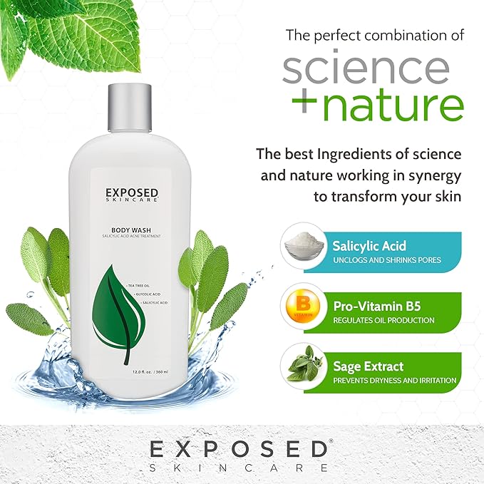 Exposed Skin Care Body Wash - Back and Body Acne Wash with Salicylic Acid and Tea Tree Oil – Exfoliating Bacne Treatment for Clearer, Healthier Skin – Body Cleanser for All Skin Types (12 fl oz)-Velvo Beauty