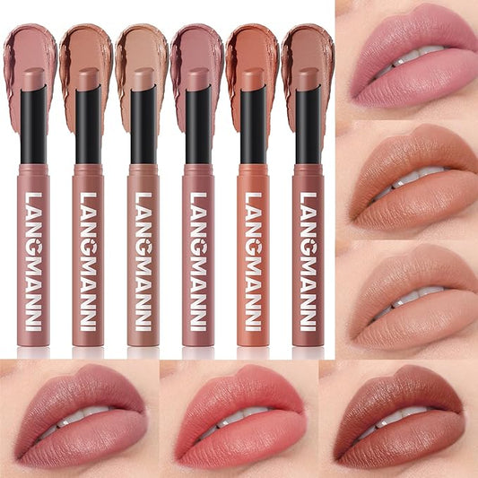 Jolilab 6Pcs Velvet Matte Lipstick Nude Matte Soft Dark Color Stick High Pigmented Long-Lasting Waterproof Lip Stick Lip Balm Beauty Cosmetics Gift for Girls and Women(01#-06#)-Velvo Beauty