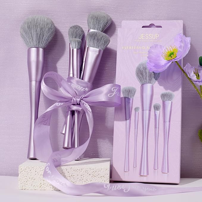Jessup Makeup Brushes Face 5pcs, Premium Synthetic Make Up Brushes Set for Foundation Contour Blush Highlighter and Powder, Luxury Purple T514-Velvo Beauty