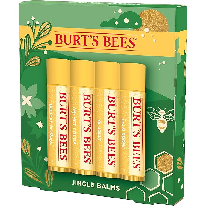 Burt's Bees Christmas Gifts, 4 Lip Balm Stocking Stuffers Products, Jingle Balms Set - Classic Beeswax Moisturizing Lip Balm-Velvo Beauty