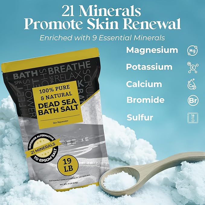 Aromasong Dead Sea Salt - Spa Bath Salt - 19 Lbs Fine Grain Bulk - 100% Pure - Better Absorbing Than Epsom Salt - Soak for Women & Men for Skin Issues and to Relax Tired Muscles - Resealable Pack.-Velvo Beauty