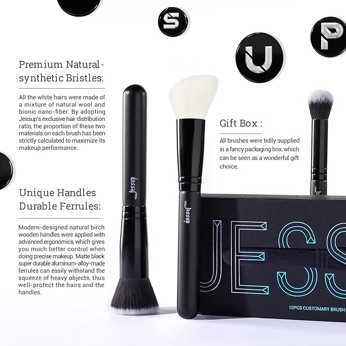 Jessup Makeup Brush Set 10pcs Black Make up Brushes Set Professional with Natural Synthetic Hair for Foundation Blending Blush Concealer Eyeshadow Eyebrow Eyeliner, T323-Velvo Beauty