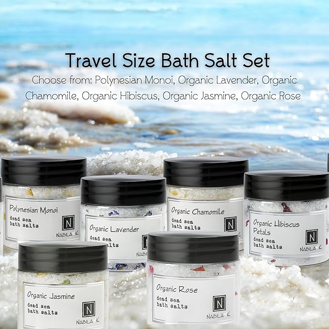 Assorted Bath Salts (Set of 6) by Nabila K - Dead Sea Salt & Epsom Salt Scrub & Soak - Exfoliates & Hydrates Skin, Botanical Essential Oils - Bubble Bath Accessories for All Skins Types, 2 oz-Velvo Beauty