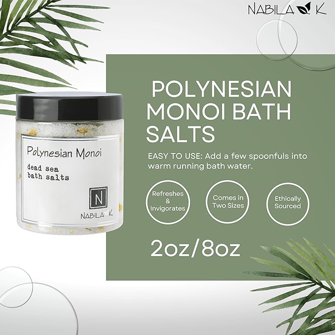 Polynesian Monoi Bath Salts by Nabila K - Dead Sea Salt & Epsom Salt Scrub & Soak - Exfoliates & Hydrates Skin, Botanical Essential Oils - Bubble Bath Accessories for All Skins Types, 8 oz-Velvo Beauty