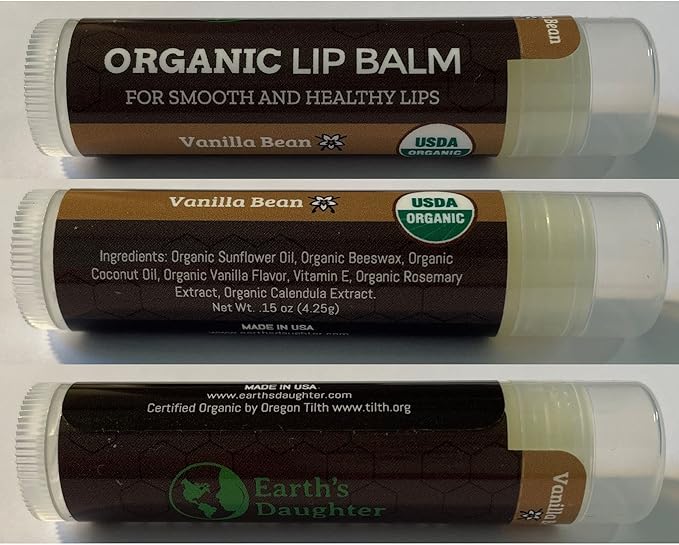 USDA Organic Lip Balm 4-Pack by Earth's Daughter - Vanilla Flavor, Beeswax, Coconut Oil, Vitamin E - Best Lip Repair Chapstick for Dry Cracked Lips.-Velvo Beauty