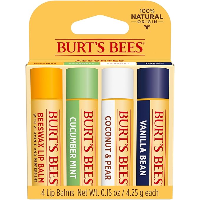 Burt's Bees Lip Balm - Beeswax, Cucumber Mint, Coconut & Pear, and Vanilla Bean Pack, With Responsibly Sourced Beeswax, Tint-Free, Natural Origin Lip Treatment, 4 Tubes, 0.15 oz.-Velvo Beauty