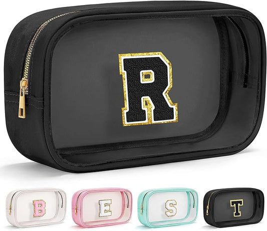 YOOLIFE Initial Travel Makeup Bag Pouch, Clear Toiletry Bag for Women Travel Accessories Cosmetic Bag Skin Care for Teen Make Up Bags Birthday Gifts for Women Unique Teacher Mom Friends Gifts Black R-Velvo Beauty