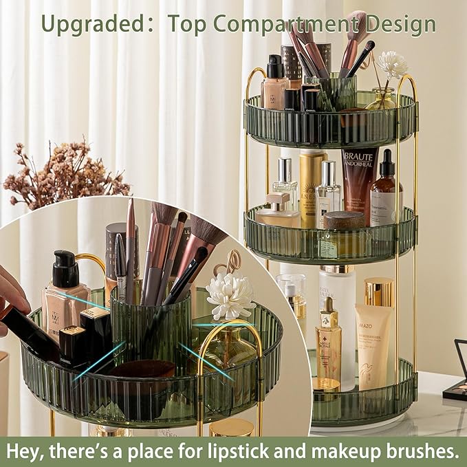 Rotating Makeup Organizer for Vanity, High-Capacity Skincare Clear Make Up Storage Perfume Organizers Cosmetic Dresser Organizer Countertop 360 Spinning (Green, New-3 Tier)-Velvo Beauty