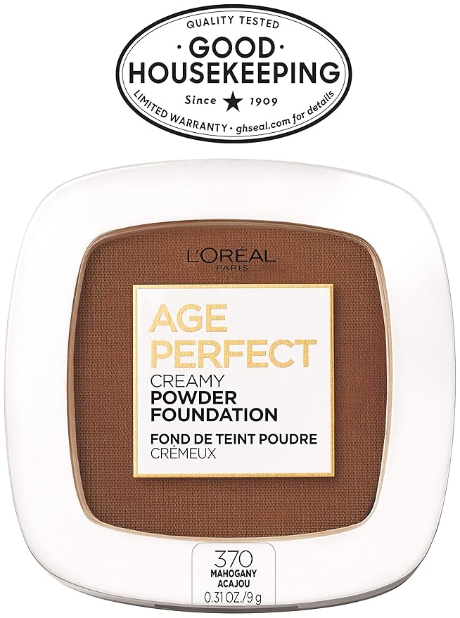 L'Oreal Paris Age Perfect Creamy Powder Foundation Compact, 370 Mahogany, 0.31 Ounce-Velvo Beauty