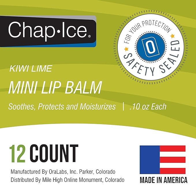 Chap-Ice® | 12-Count Mini Kiwi Lime Lip Balm | Lip Balm Pack Fortified with Vitamin E for Dry, Cracked Lips | Made in USA | 12-Count Mini Lip Balm with Kiwi Lime Flavor (0.10oz/3g Each)-Velvo Beauty