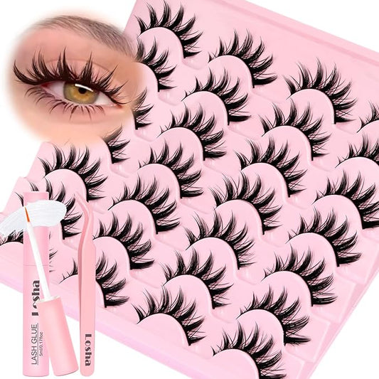Losha Lashes Spiky Manga Lashes 14 Pairs Wispy False Eyelashes Natural Eye Lashes Kit with Lash Glue and Lash Tweezers Soft Anime Fake Eyelashes (Fairy)-Velvo Beauty