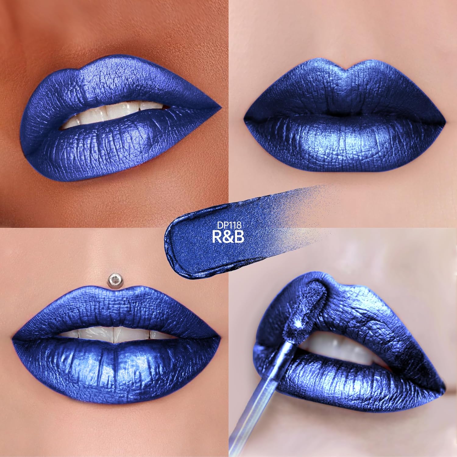 Blue Lipsticks for Women Metallic Lipstick Long Lasting Non Stick Cup Lip Gloss, Shimmer Lightweight Hydrating Full Coverage Lip Color, DP118 R&B-Velvo Beauty