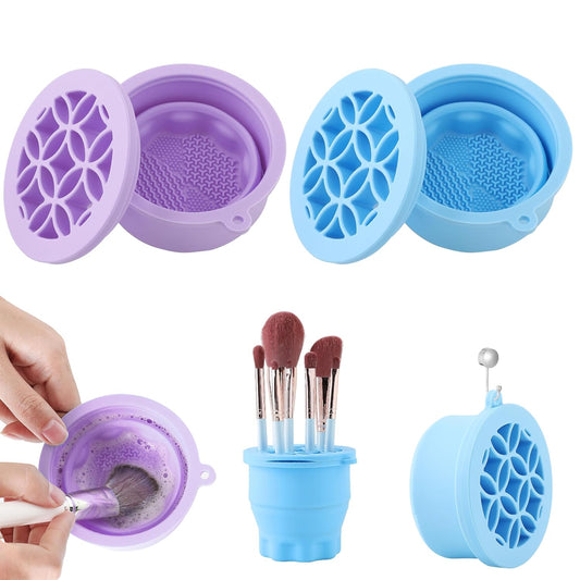 Makeup Brush Cleaner - Foldable Silicone Makeup Brush Cleaner Mat with Brush Storage Holder Makeup Brush Cleaning Bowl Cosmetic Brush Washing Tool for Cleaning Organizer and Drying (Purple and Blue)-Velvo Beauty