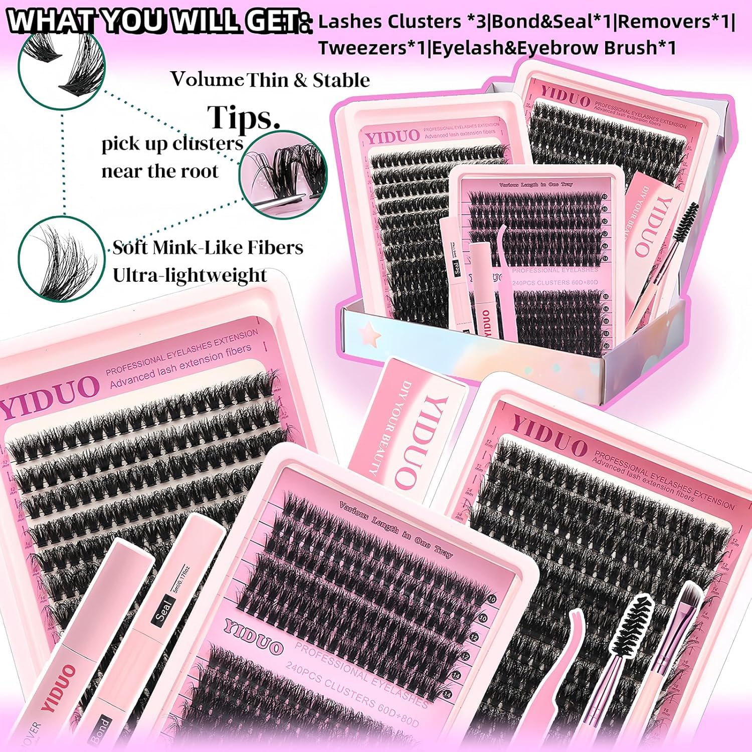Lashes Clusters Kit Gift Packs 3 Styles 760Pcs with 2X Bond&Seal Volume Soft False Eyelash Extension 80D+100D D Curl Wispy Natural DIY Individual Fake Eyelashes Box for Beginners Bulk Pack-Velvo Beauty