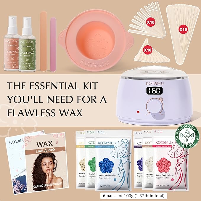 KOTAMU Waxing Kit for Women & Men, Wax Warmer for Hair Removal, Digital Wax Kit with SiliconePot,Ideal for Face Eyebrow Arm Legs Armpit &Sensitive Skin, Purple Waxing Machine With 44 Accessories-Velvo Beauty