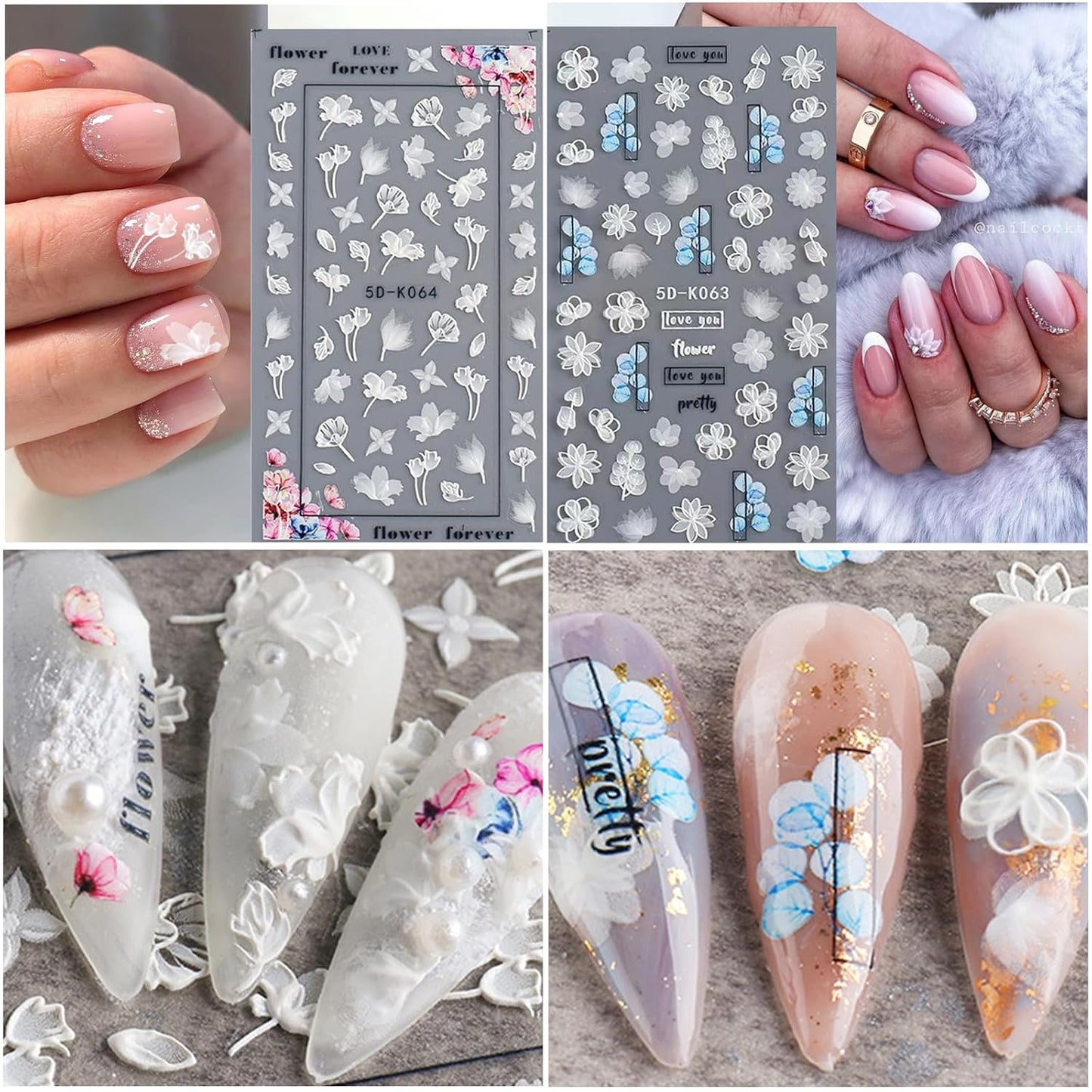 6 Sheets White Flower Nail Art Stickers Decals 5D Embossed Nail Decals Spring Winter Nails Art Self-Adhesive Supplies Accessories 3D Flower Stickers for Women Nails Design Decoration-Velvo Beauty
