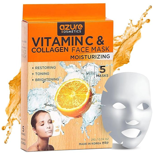 Azure Cosmetics Vitamin C & Collagen Face Mask - Dermatologist Tested, Anti Aging, Hydrating & Moisturizing Sheet Mask for Dry Skin - Firms, Tones & Smooths Fine Lines - Korean Skin Care - Pack of 5-Velvo Beauty