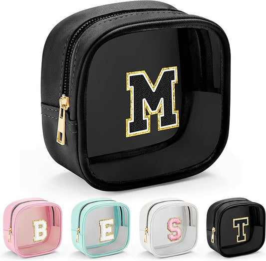 YOOLIFE Initial Makeup Bag Travel Toiletry Bag, Clear Makeup Bag Car Accessories For Women Clear Makeup Bags With Zipper Girlfriend Teacher 13 Year Old Girl Gifts Daughter Girl Gifts Mini Black M-Velvo Beauty