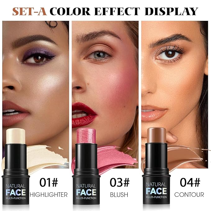 3Pcs Cream Contour Stick Makeup Kit - Cream Blush Stick Highlighter Stick Contour Bronzer Stick for Cheeks, Waterproof Long Lasting Blendable, Contour Stick Trio for Face Makeup (#01, 03, 04)-Velvo Beauty