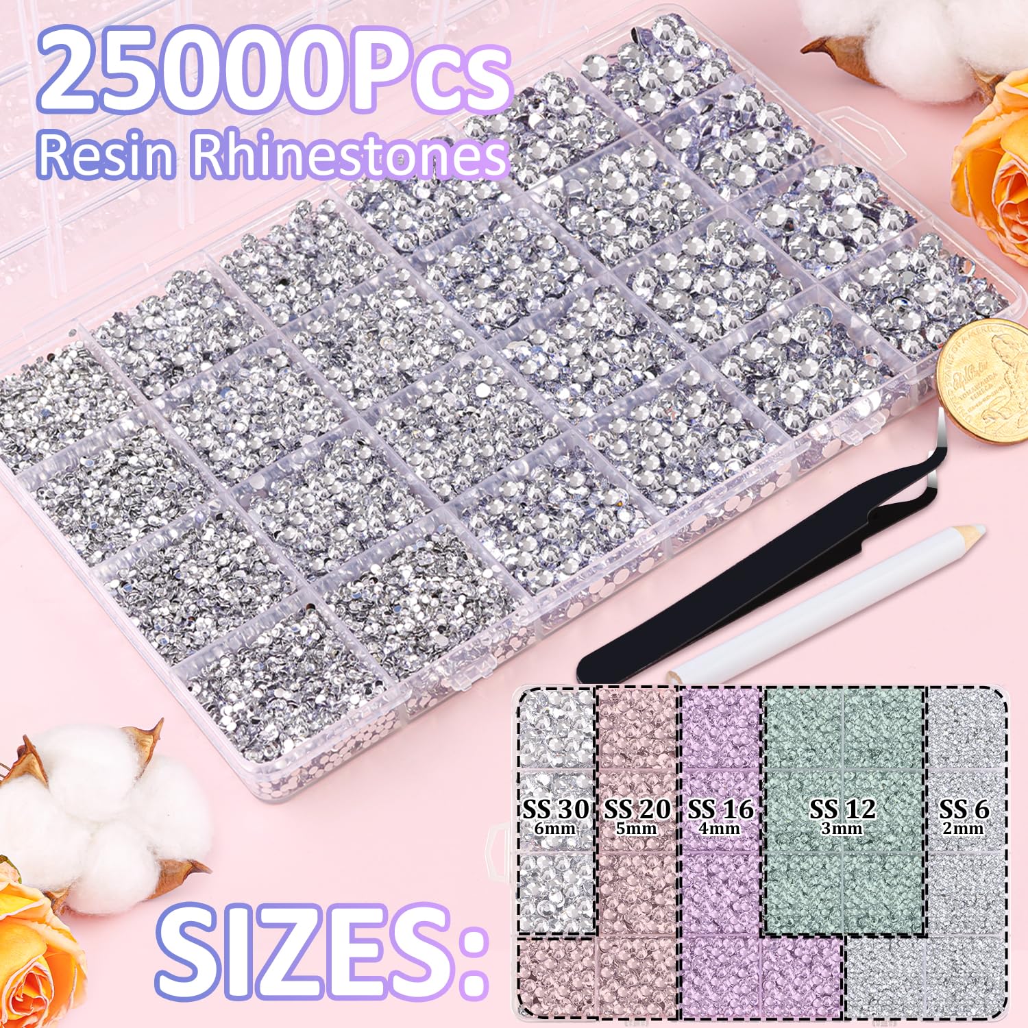 25000Pcs Resin Rhinestones with Tweezers for Crafting, Silver Clear 2-6mm Mixed Sizes Flatback Gems, Bedazzling Crystal for DIY Crafts Clothing Tumblers Mugs Shoes Fabric Decor Nail Art-Velvo Beauty