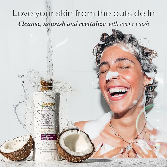 RAW SUGAR Simply Body Wash, (25 Fl Oz, Pack of 1) Bath Soap, Formulated without Sulfates & Parabens (Pineapple + Maqui Berry + Coconut)-Velvo Beauty