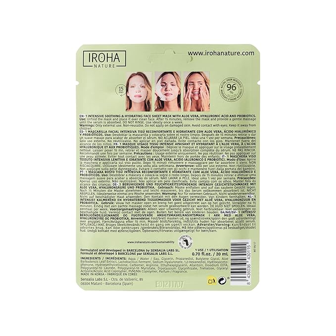 IROHA NATURE Comforting & Hydrating Tissue Face Mask with Aloe Vera | 15 Pieces | Aftersun Effect | 96% Natural Ingredients-Velvo Beauty
