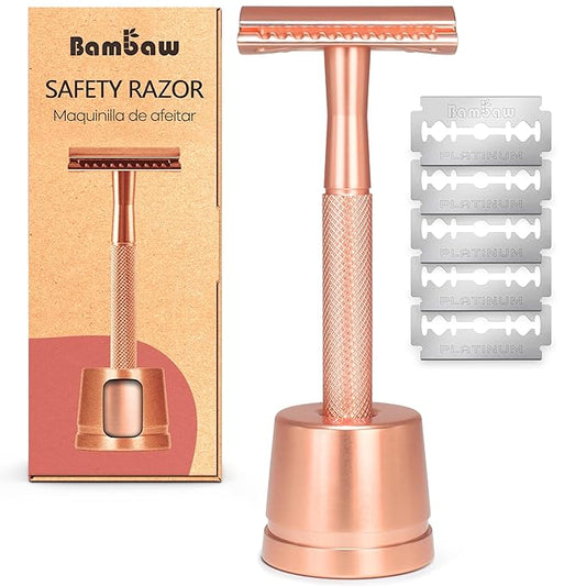 Bambaw Double Edge Safety Razor with Stand, Women Razor with 5 Double Edge Safety Razor Blades, Plastic Free Metal Razor – Rose Gold-Velvo Beauty