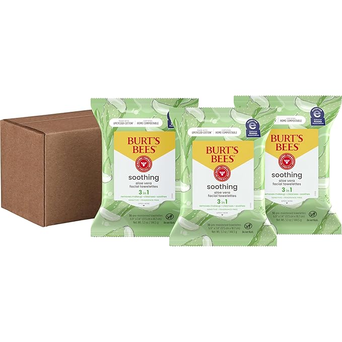 Burt's Bees Back To School Dorm Essentials, Aloe Vera Face Wipes, for Sensitive Skin, Soothing Makeup Remover & Facial Cleansing Towelettes, 30 Ct. (3-Pack)-Velvo Beauty
