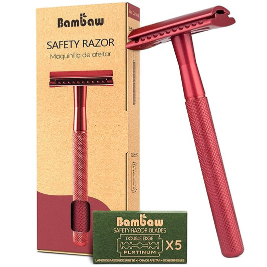 Bambaw Single Blade Double Edged Safety Razor with 5 Blades, Durable Metal Razor for Men & Women, Reusable & Plastic Free Double Edge Safety Razors for Men – Red-Velvo Beauty