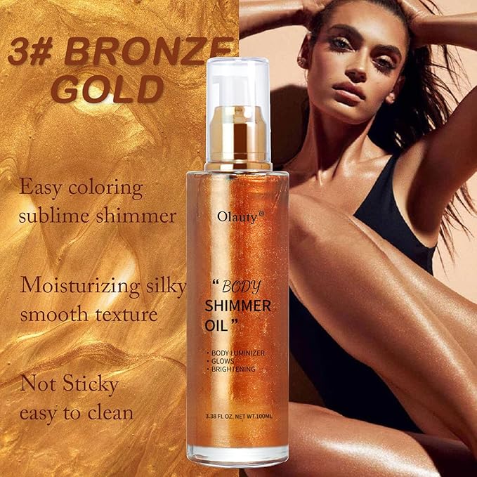 Shimmer Body Oil-Bronze Gold Face Brighten Pearl Highlighter Liquid Illuminator Body Glow Oil,4 Color Bronze Makeup Glitter Body Shimmer Oil with Makeup Brush-Velvo Beauty