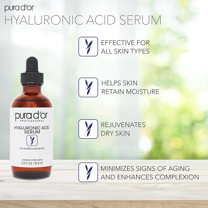 PURA D'OR 3.3 Oz Hyaluronic Acid Serum For Deep Hydration - Anti-Aging, Plumping & Moisturizing Formula For Smooth, Supple Skin - Natural Skincare Boost - Fine Lines & Wrinkle Reducer - Travel Size-Velvo Beauty