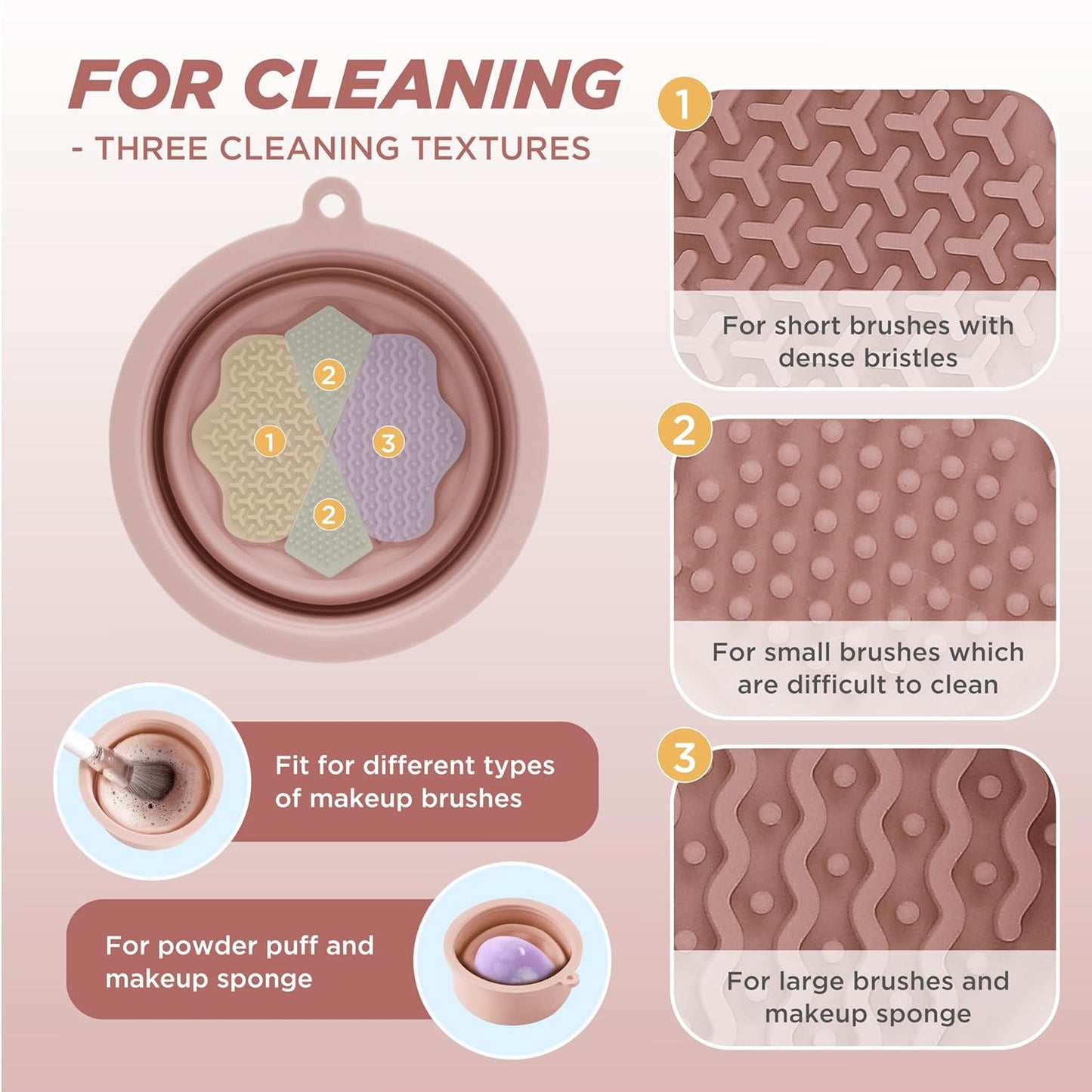 Makeup Brush Cleaner - Foldable Silicone Makeup Brush Cleaner Mat with Brush Storage Holder Makeup Brush Cleaning Bowl Cosmetic Brush Washing Tool for Cleaning Organizer and Drying (Nude Pink)-Velvo Beauty