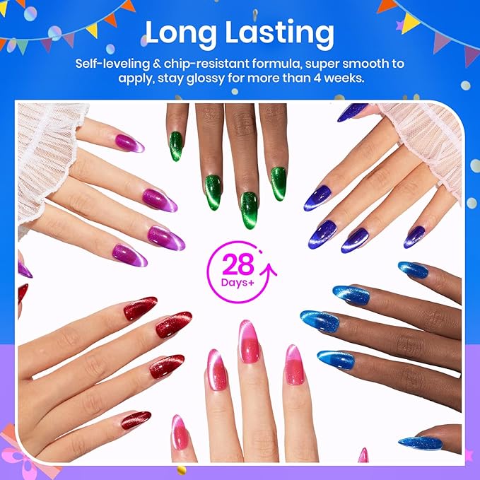 Beetles Cat Eye Gel Nail Polish, 6 Colors Summer Cat Eye Glitter Gel Polish Set Neon Red Pink Purple Blue Green with Magnet Velvet Gel Kit French Nail Art Manicure Gift for Women-Velvo Beauty
