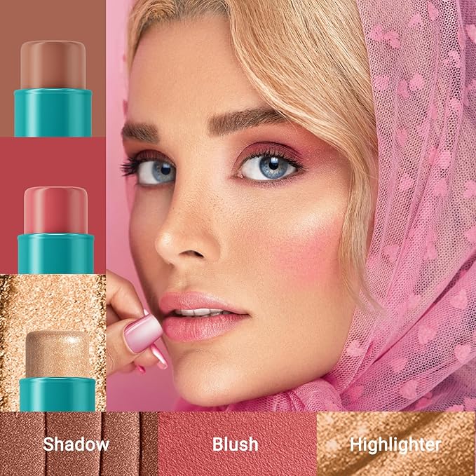 3Pcs Cream Contour Stick, with Highlighter Stick Milk Bronzer Stick Blush Stick, Face Contour Stick with Makeup Brush and Sponge, Easy to Sculpt the Face, Long Lasting, Waterproof-Velvo Beauty