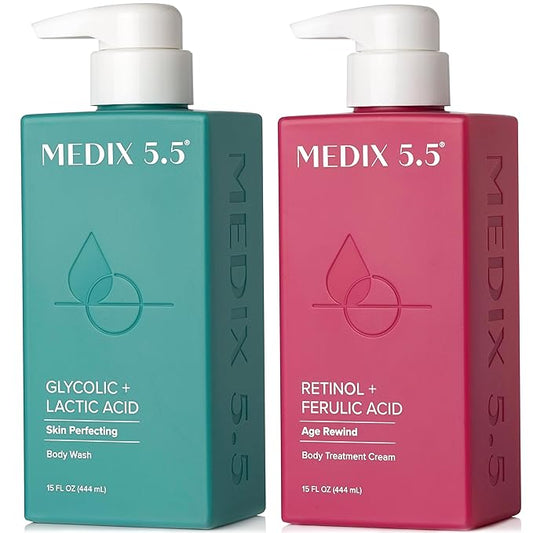 MEDIX 5.5 Exfoliating AHA Glycolic Acid Face & Body Scrub Cleanser + Retinol Moisturizing Body Cream Lotion Skin Care 2PC Set | Alpha Hydroxy Acid & Lactic Acid Foaming Body Wash & Face Wash, 2-PC-Velvo Beauty