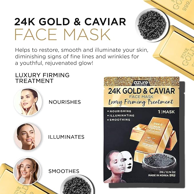 AZURE 24K Gold and Caviar Anti Aging Luxury Face Mask - Hydrating & Firming Facial Mask - Helps Reduce Wrinkles & Fine Lines with Hyaluronic Acid & Collagen - Skin Care Made in Korea - Pack of 10-Velvo Beauty