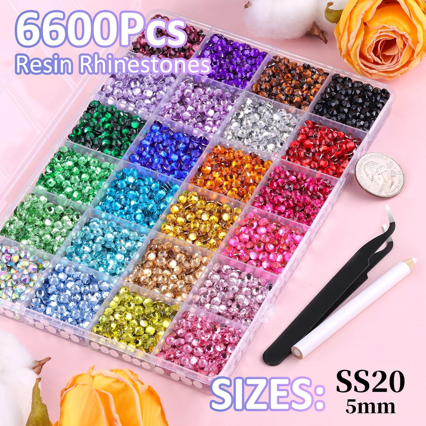 6600Pcs Resin Rhinestones for Bedazzling with Tweezers, Multicolor 5mm Rhinestones for Crafting with 3Pcs 10ml B7000 Jewelry Glue for DIY Crafts Clothing Tumblers Shoes Fabric Nail Art-Velvo Beauty