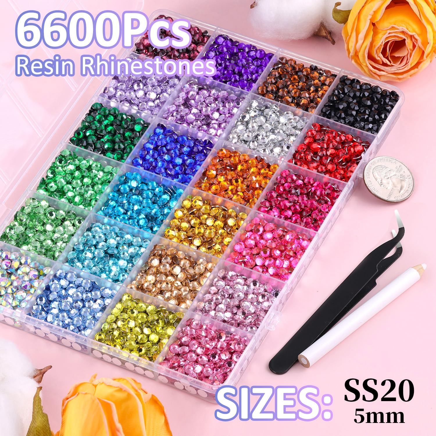 6600Pcs Resin Rhinestones for Bedazzling with Tweezers, Multicolor 5mm Rhinestones for Crafting with 3Pcs 10ml B7000 Jewelry Glue for DIY Crafts Clothing Tumblers Shoes Fabric Nail Art-Velvo Beauty