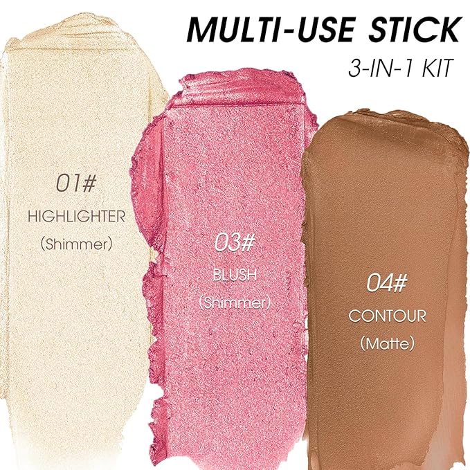 3Pcs Cream Contour Stick Makeup Kit - Cream Blush Stick Highlighter Stick Contour Bronzer Stick for Cheeks, Waterproof Long Lasting Blendable, Contour Stick Trio for Face Makeup (#01, 03, 04)-Velvo Beauty