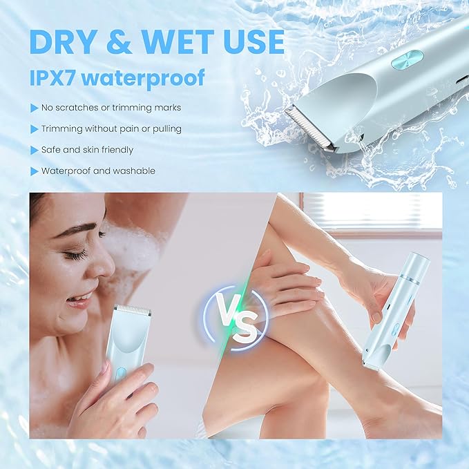 Bikini Trimmer for Women-2 in 1 Electric Razors for Women,USB Rechargeable Bikini Electric Shaver,IPX7 Waterproof Dry & Wet Use Body Hair Trimmer and Facial Hair Remover for Underarm Leg Body,Blue-Velvo Beauty