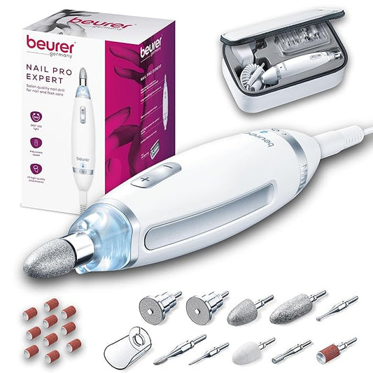 Beurer MP62 Professional Nail Drill Kit, Portable Electric File Machine with 10 Attachments & 10 Sanding Bands, Efile Dremel for Acrylic Gel Manicure and Pedicure, LED Light, with Storage Case-Velvo Beauty