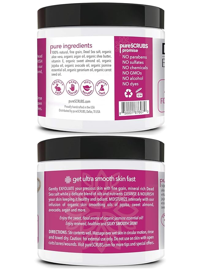 pureSCRUBS Premium Jasmine Body Scrub Set - Large 16oz Dead Sea Salt Body Scrub With Infused Essential Oils & Nutrients Includes Wooden Spoon, Loofah & Oatmeal Exfoliating Bar Soap-Velvo Beauty