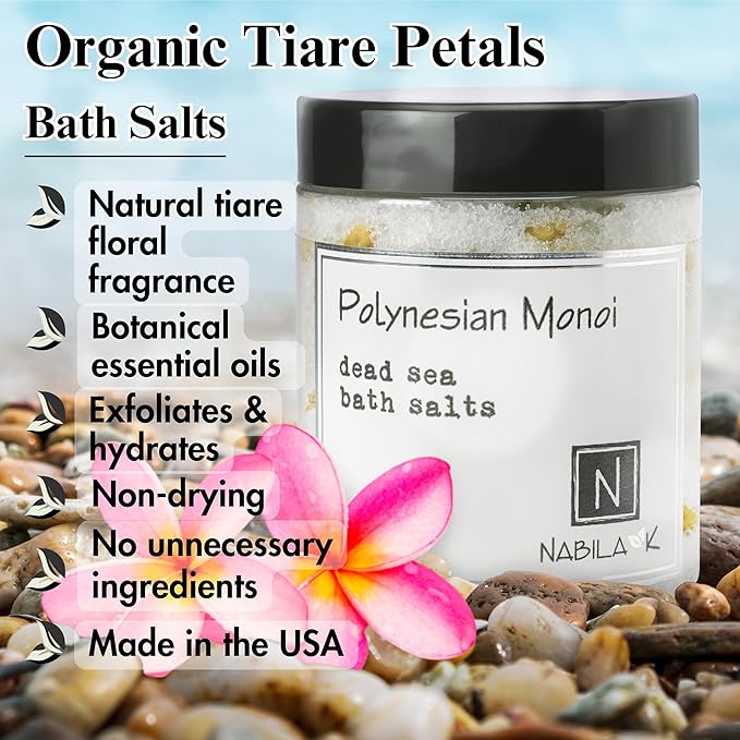 Polynesian Monoi Bath Salts by Nabila K - Dead Sea Salt & Epsom Salt Scrub & Soak - Exfoliates & Hydrates Skin, Botanical Essential Oils - Bubble Bath Accessories for All Skins Types, 8 oz-Velvo Beauty