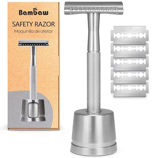 Bambaw Double Edge Safety Razor for Men with Stand, Reusable Metal Razor with 5 Double Edge Blades, Single Blade Razors for Men & Women – Silver-Velvo Beauty