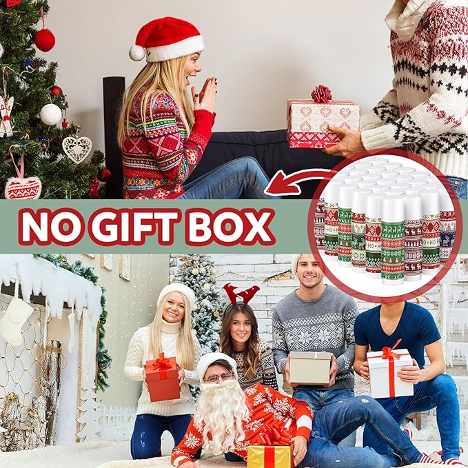 Dunzy 50 Pcs Lip Balm in Bulk Christmas Gift Set Moisturizing Lip Ugly Sweater Baby Shower Party Favor Supplies with Assorted Fruit Flavors for Women Men Dry Chapped Lips Holiday Gift Prize-Velvo Beauty