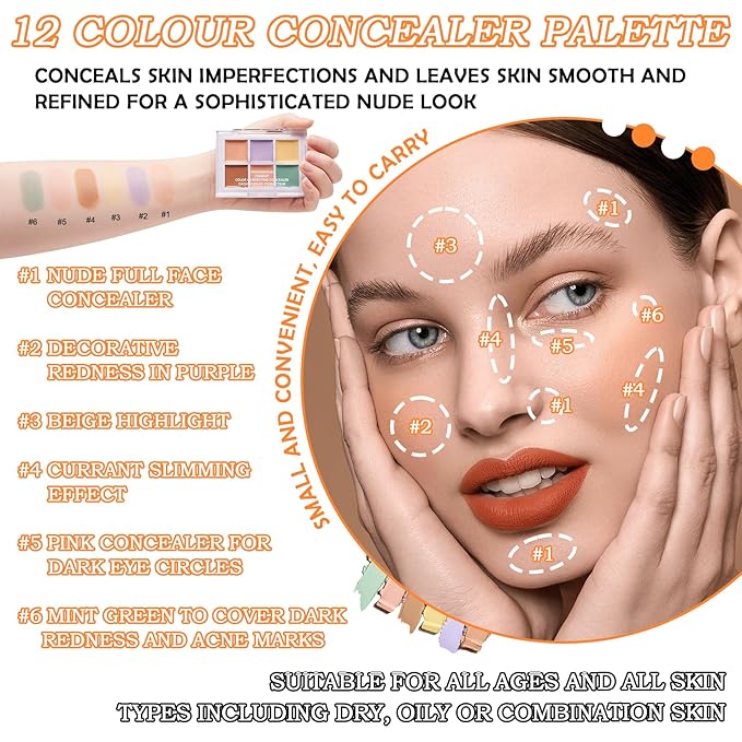 12 Colors Correcting Concealer Contour Makeup Palette, 6 in 1 Color Corrector Palette,Highlighting Concealer Palette Contouring Liquid Foundation Makeup Kit with Brushďź2PCSďź-Velvo Beauty